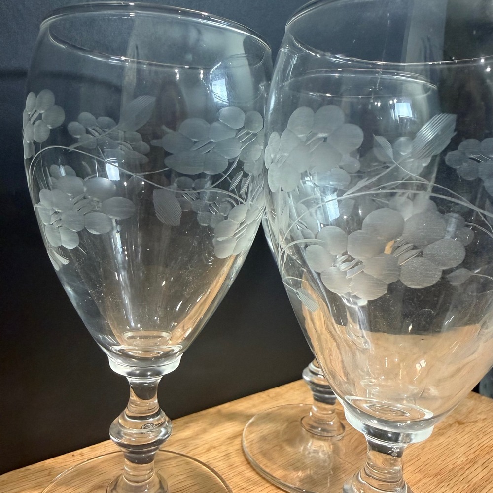Vintage Etched Floral Crystal Water Goblets Wine Glasses Set of 14 Stemware